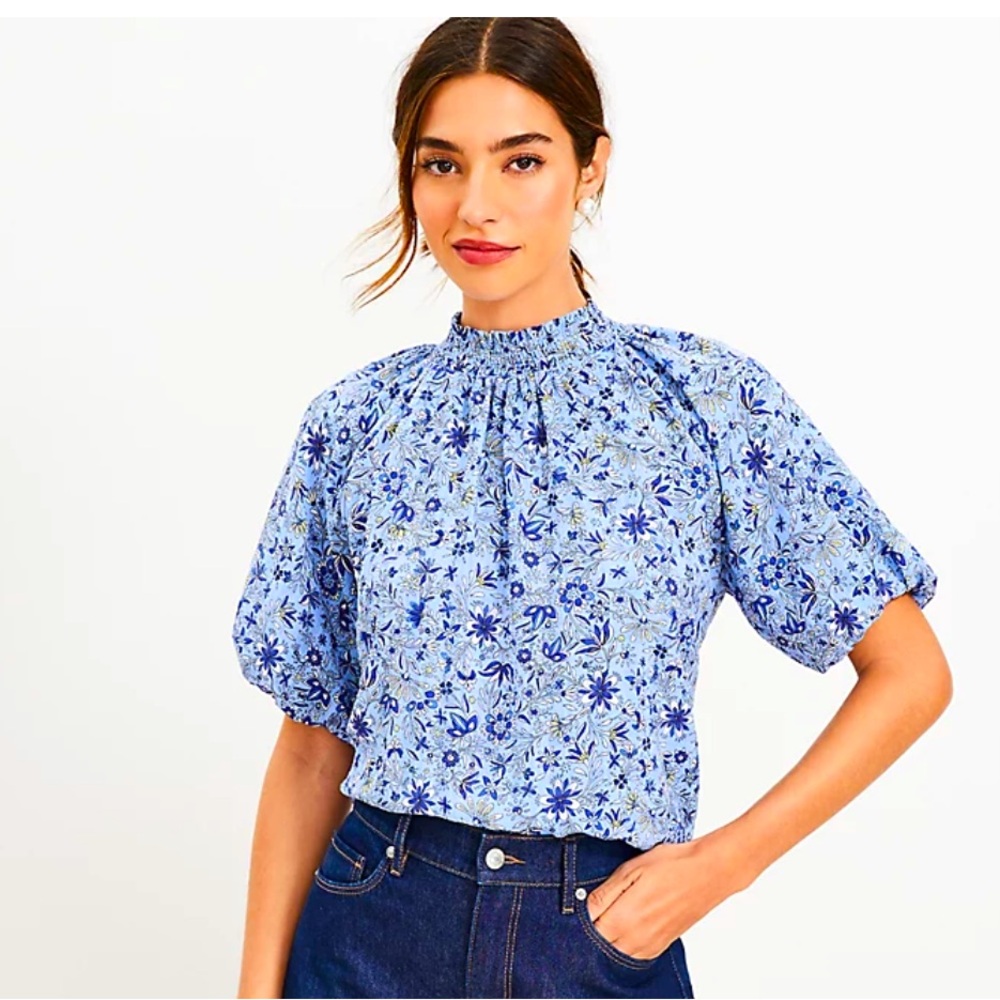 NWT Loft Floral Plaid Bubble Sleeve Blouse - Picture 1 of 5
